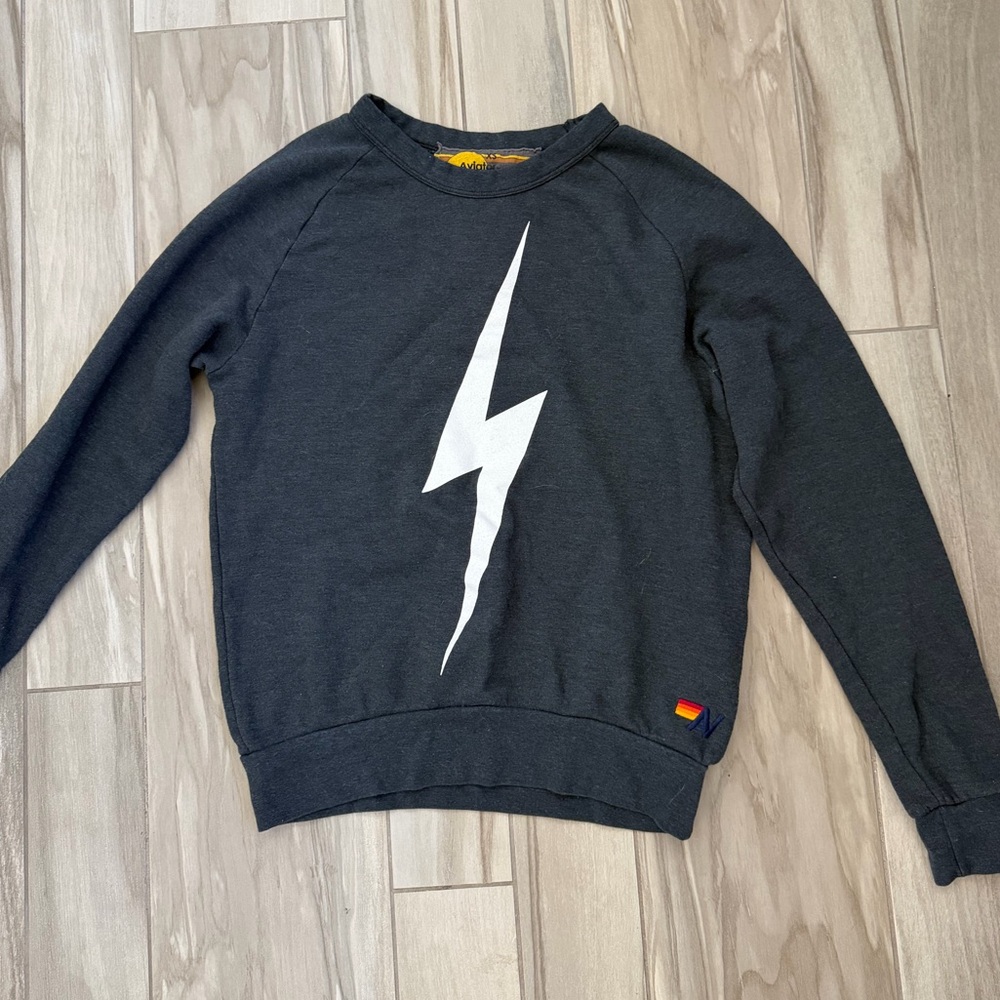 Aviator Nation dark gray crew neck with White Lightning Bolt